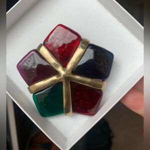 Vintage 5-sided brooch pin, w/glass and metal